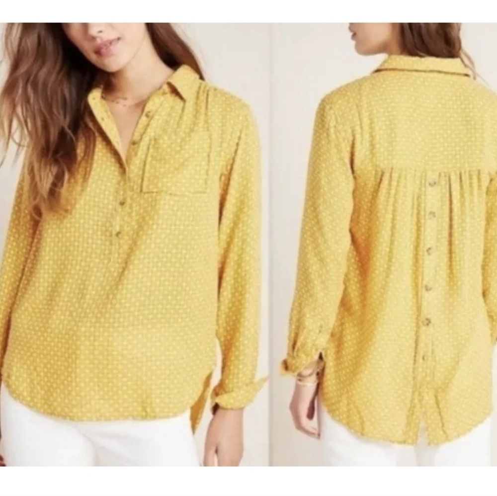 Anthropology mustard Yellow Embroidered button back pullover tunic shirt XS